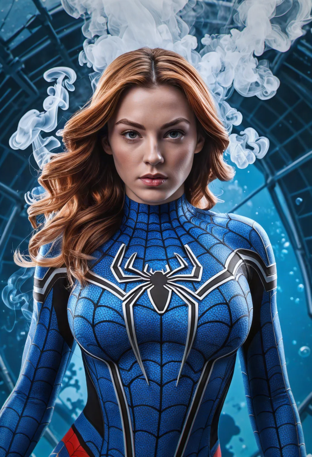 collage style a athletic woman,Spider-Man, (best quality, masterpiece, highest detailed), large breasts, eerie smoke from the ground. French Blue color scheme, ultra-detailed, (official art, extreme detailed, highest details), photorealistic, intricate translucent energy details, bokeh, detailed face, detailed eyes, HDR+ 8K, dutch angle shot,medium close-up,in a futuristic underwater base,style by marc quinn,agfa vista . mixed media, layered, textural, detailed, artistic