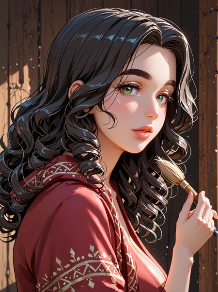 PonyScores7, source_anime, ah1, <lora:natsumi_style:1>, BREAK 1girl, (curly hair), long hair, (black hair:1.3), mature female, (parted hair:1.7), (round face:1.2), (fringe:-0.5), (bangs:-0.5), (hair between eyes:-0.5),  (thick eyebrows), (curvy), round-chin, (greenish hazel eyes), caucasian, (downturned eyes:1.2), (plump face), <lora:ETO_OCPonyXL:0.5> eto_oc, skindentation, (plump), thick thighs, wide hips, busty, voluptuous, kinky curls, lips, <lora:venus body PonyXL:0.4>,  (cheek bulge), (holding a paintbrush), (Crystal Cavern with Glittering Geodes and Luminescent Crystals), looking at viewer, (cedar wood finish Tassel knit shawl), BREAK <lora:xl_more_art-full_v1:0.2>, <lora:shinyskin2:0.2> glistening skin, <lora:aesthetic_anime_v1s:0.2>, <lora:Expressive_H:0.2> Expressiveh, <lora:hairdetailpxl:0.2> hairdetailpxl, <lora:EpicF4nta5yXL:0.2>, <lora:detailxl:0.2> detailxl, <lora:Fant5yP0ny:0.2>, best quality, amazing quality, best aesthetic, absurdres, <lora:expressive eyes:0.2> expressive eyes, <lora:eyedetailpxl:0.2> eyedetailpxl, illustration, Volumetric_Lighting, ultra-detailed, very aesthetic, intricate details, 8k, masterpiece, best_quality, BREAK (Eye-level angle (from the side) view Extreme Close shot), BREAK <lora:Eyes_High_Definition:0.3> EyesHD, Stable_Yogis_PDXL_Positives, AS-Adult, <lora:Complicated fantasy portrait - XL Pony V2.0:0.4>, bad-hands-5,