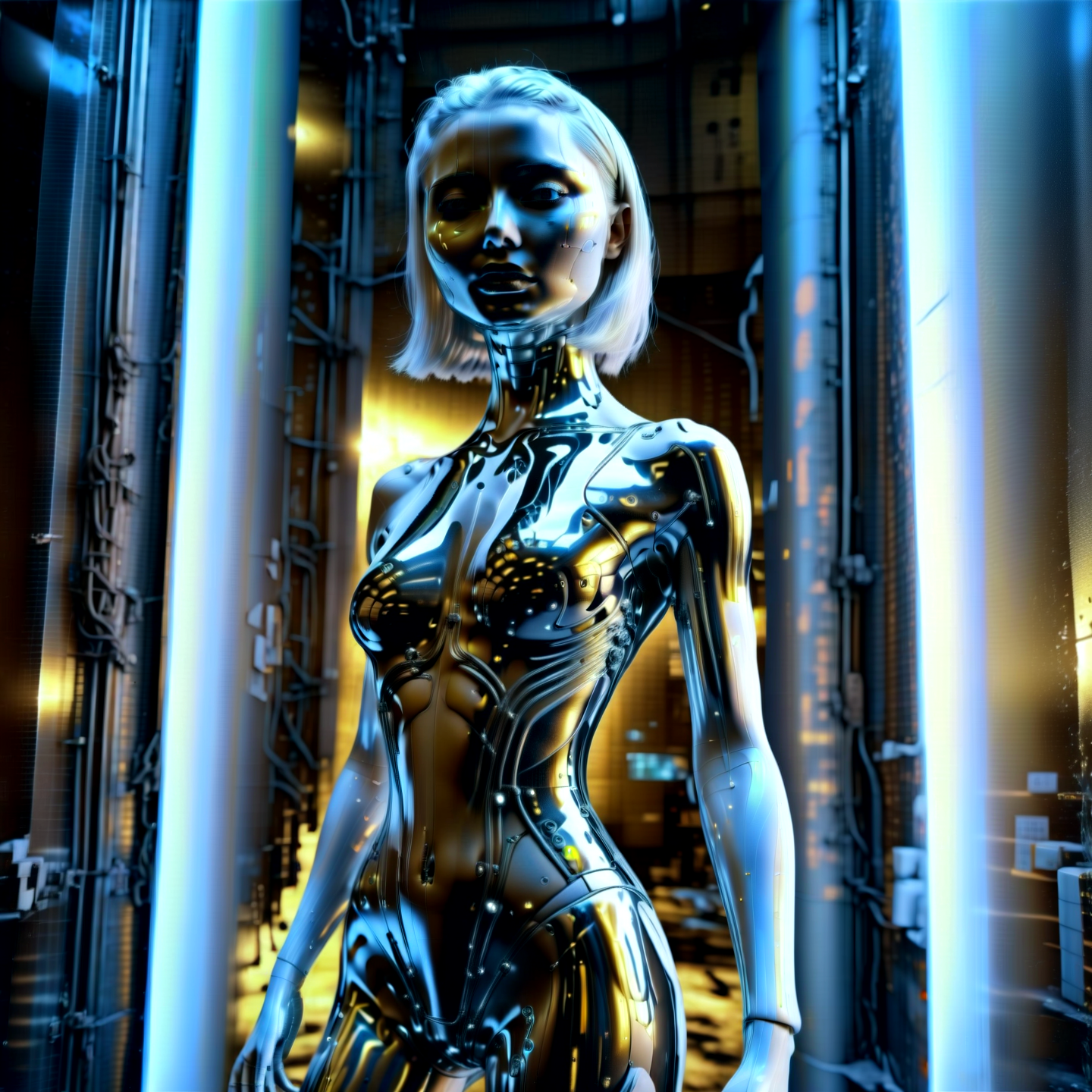 Haute Couture cyberpunk style, 1girl with chorme skin, (full body:1.331), hightech_robotics, (white hair:1.4), with light in her eyes and dark smoke around her body, (white head:1.1), (neon crisscrossing fine lines on face:1.2), (many neon pins pricked the entire head), BREAK stands still in a back alley, looking out to the crowded main street with neon sign, she is hoping to find the next victim, outdoors, high-tech cyberpunk nightcity background, (unreal engine), ray tracing, dynamic light, godrays, reflections, fisheye view, from below angle, long distance shot, hyper detailed, high quality, neon, dystopian, futuristic, digital, vibrant, detailed, high contrast,  (by h.r. giger:1.01),,, Haute Couture, often for exclusive fashion, custom-fitted garments, or high-end design.