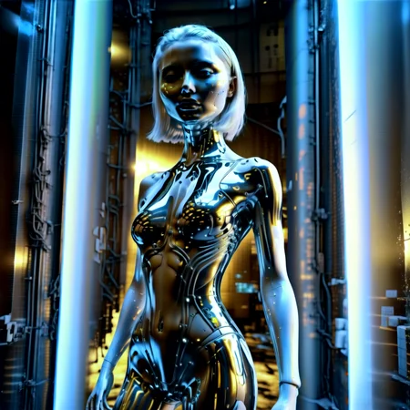 Haute Couture cyberpunk style, 1girl with chorme skin, (full body:1.331), hightech_robotics, (white hair:1.4), with light in her eyes and dark smoke around her body, (white head:1.1), (neon crisscrossing fine lines on face:1.2), (many neon pins pricked the entire head), BREAK stands still in a back alley, looking out to the crowded main street with neon sign, she is hoping to find the next victim, outdoors, high-tech cyberpunk nightcity background, (unreal engine), ray tracing, dynamic light, godrays, reflections, fisheye view, from below angle, long distance shot, hyper detailed, high quality, neon, dystopian, futuristic, digital, vibrant, detailed, high contrast, (by h.r. giger:1.01),,, Haute Couture, often for exclusive fashion, custom-fitted garments, or high-end design.