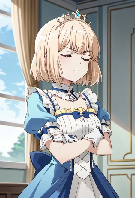score_9, score_8_up, score_7_up, source_anime,mia luna tearmoon, blonde hair, short hair, blue eyes, solo, 1girl, curtains, crossed arms, closed eyes, dress, gloves, white gloves, short sleeves, sky, closed mouth, tiara