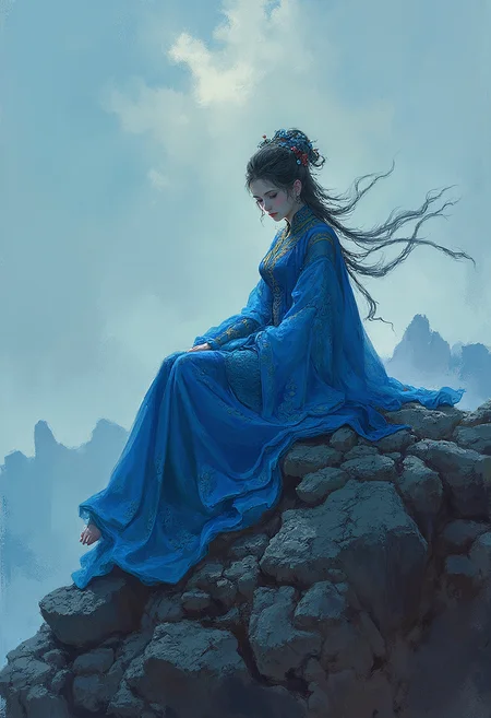 painting of a woman in a blue dress sitting on a rock, ruan jia and michael komarck, concept art | feng zhu, in style of fenghua zhong, ruan jia and fenghua zhong, ruan jia and greg rutkowski, yuan - ti, ruan jia and brom, in style of ruan jia,