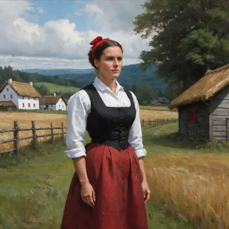 Oil painting, fullbody, full-length portrait, outdoor, woman in the center of the painting standing half sideways, summer, day. She is dressed in a white shirt with red patterns, a red waistcoat, a black shirt below the knee with a burgundy apron in front. Dark shoes on his feet, and a white necklace around his neck, hands akimbo. On the face is a slight smile, and on the head is a black ochipok with a red stripe. A wooden fence is visible in the left part of the image. Behind the woman is a green meadow. In the far background, two whitewashed houses with thatched roofs can be seen, behind which the forest stretches.