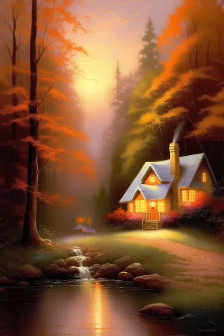 <lora:Thomas Kinkade Style:1>Thomas Kinkade Style - Art by Thomas Kinkade - A serene and picturesque scene of a forest with a cozy cottage nestled in the background. The composition is bathed in warm light, with the use of yellow and orange creating a sense of comfort, and the use of soft brushstrokes creating a dreamlike quality.
