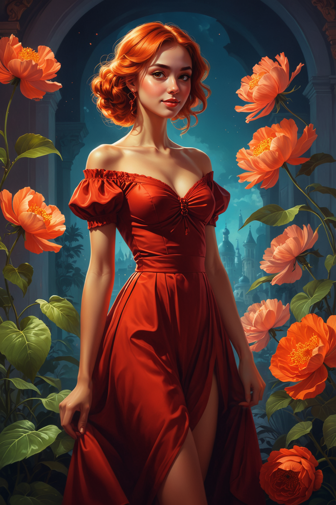 digital painting by Natalia Rak and Boris Kustodiev in the style of Cyril Rolando, cute fit 18 year old woman's, full body length <lora:EnvyStudioPortraitXL01:0.45><lora:EnvyDramaticLightingXL01_digital_art:0.25>