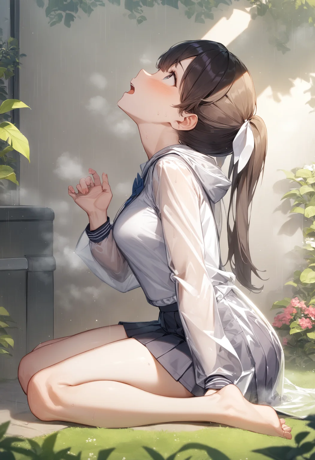 1girl, <lora:sdxl2-flat2-512b:-1>,medium breasts,school uniform,
transparent raincoat,<lora:transparentraincoat_XL_v1:0.7>
from side, full body, looking up, naughty, back yard, open mouth,
masterpiece, best quality, very aesthetic, absurdres