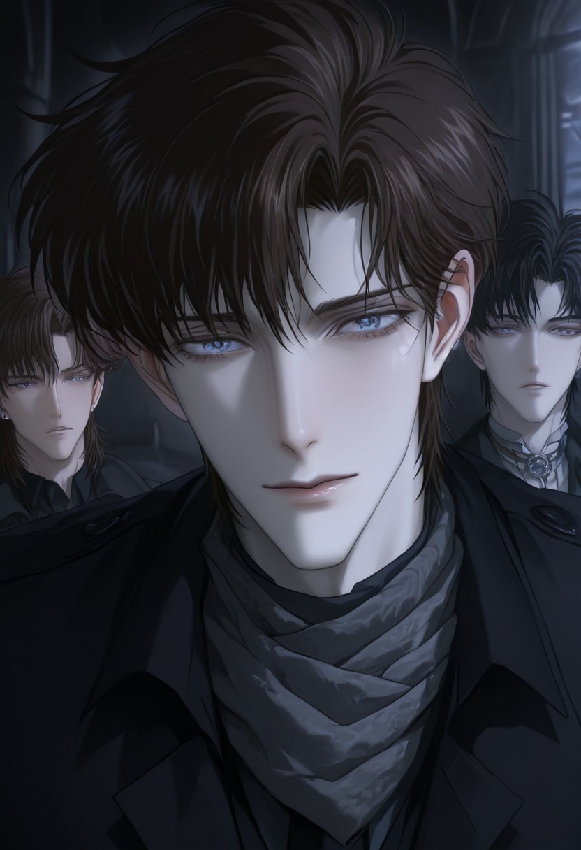 Realistic facial features, detailed features, well-defined features, semi-realistic style, painted style, detailed style, solo, anime style, minimalism, (beautiful face), adult male style, short hair, mature ikemen, [pointy chin], (beautiful eyes), Caucasian, sharp chin and jawline, realistic facial features, realistic features, defined features, [[mamoru_chiba]], handsome anime guy, piercing blue eyes, bangs, detailed hair, ikemenboys, semi-realistic, [2D], attractive features, [masculine], dark colours, dark lighting, sitting, sitting down, dark hair color, silvery strands of hair, brown hair, 
detail hair, detail eyes, medium hair, [[weak man]], [frail], narrow features, [[DILF]], overdressed, [scarf], [subtle stubble], attractive, [popular guy], (oval face), long face, [blue eyes], detailed inner cheeks, sunken in cheeks, guy with strong cheekbones, [frail guy], [dreamy], [princely], detail face, detail background, beautiful blue eyes, skinny guy, medium hair, thin, small mouth, thin lips, handsome ikemen, perfect eyes, light blue eyes, dark brown hair, white guy, pale skin, [gaunt appearance], perfect face, handsome face, streaks of grey hairs, darker hair, manly face,