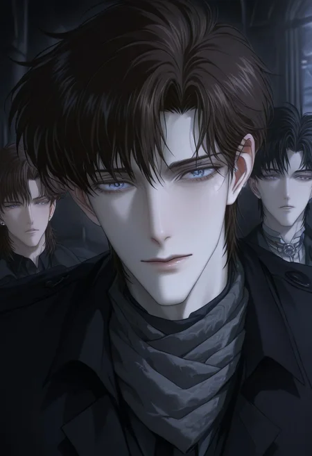 Realistic facial features, detailed features, well-defined features, semi-realistic style, painted style, detailed style, solo, anime style, minimalism, (beautiful face), adult male style, short hair, mature ikemen, [pointy chin], (beautiful eyes), Caucasian, sharp chin and jawline, realistic facial features, realistic features, defined features, [[mamoru_chiba]], handsome anime guy, piercing blue eyes, bangs, detailed hair, ikemenboys, semi-realistic, [2D], attractive features, [masculine], dark colours, dark lighting, sitting, sitting down, dark hair color, silvery strands of hair, brown hair, 
detail hair, detail eyes, medium hair, [[weak man]], [frail], narrow features, [[DILF]], overdressed, [scarf], [subtle stubble], attractive, [popular guy], (oval face), long face, [blue eyes], detailed inner cheeks, sunken in cheeks, guy with strong cheekbones, [frail guy], [dreamy], [princely], detail face, detail background, beautiful blue eyes, skinny guy, medium hair, thin, small mouth, thin lips, handsome ikemen, perfect eyes, light blue eyes, dark brown hair, white guy, pale skin, [gaunt appearance], perfect face, handsome face, streaks of grey hairs, darker hair, manly face,