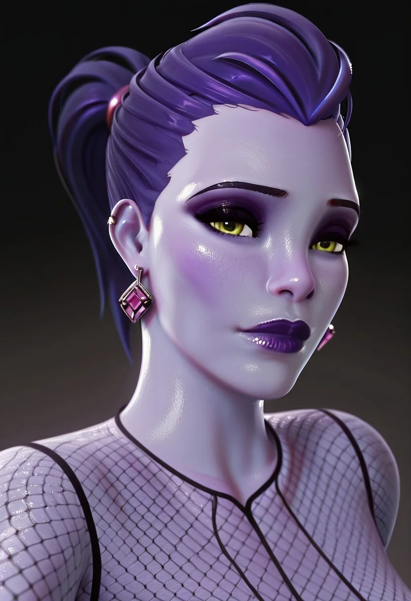 nyl style, nyl_style, beautiful, stunning, masterpiece, best quality, amazing quality, 1girl, solo, Widowmaker, portrait, realistic, looking at viewer, purple lips, purple skin, fishnets, makeup, grey skin, earrings, purple hair, ponytail