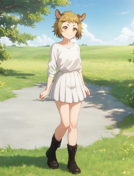 1girl, millie, (masterpiece, best quality, very aesthetic:1.2), outdoors, grass, blue sky, white shirt, white skirt, pleated skirt, wind, smile, source_anime, full body, black boots, <lora:millie_the-new-gate-000009:0.5>