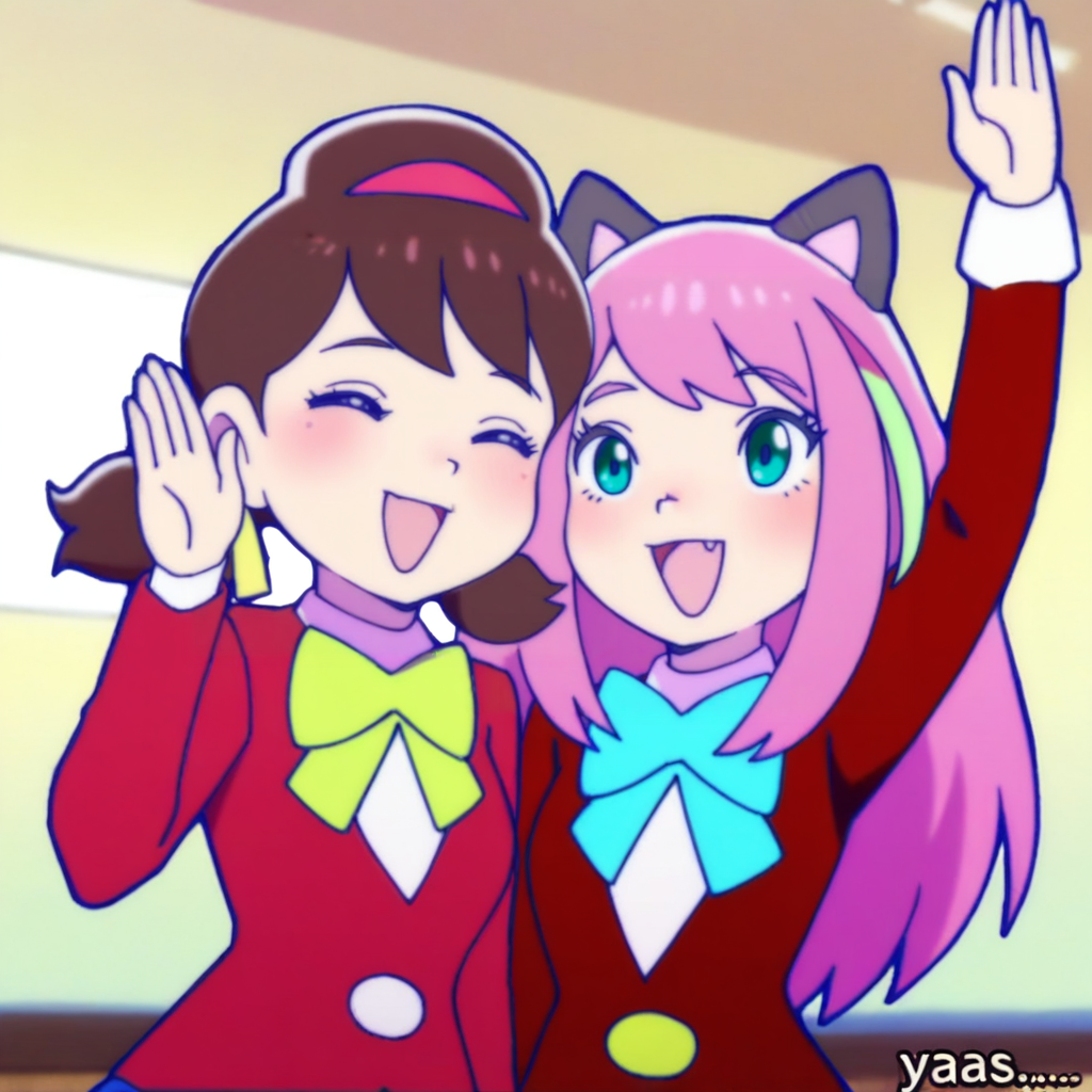 masterpiece,best quality,amazing quality,general, <lora:girlygirlyoso:1>2girl, long hair, blush, smile, open mouth, bow, animal ears, school uniform, green eyes, jacket, upper body, pink hair, multicolored hair, artist name, cat ears, bowtie, arm up, aqua eyes, streaked hair, blazer, waving, nyaa, blush, smile,  (brown hair, ribbon, twintails, closed eyes, hair ribbon, upper body, hairband, turtleneck, low twintails, short twintails, totoko,) side-by-side,