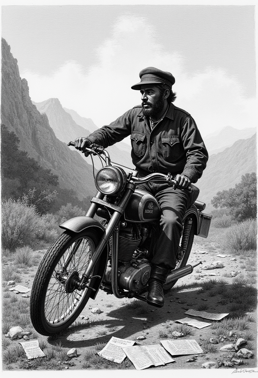 A drypoint etching of Che Guevara riding through the Bolivian countryside on a motorcycle, guerrilla warfare pamphlets strewn about him.