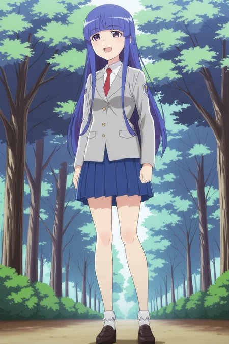 anime screencap, anime coloring, detailed face, masterpiece, best quality, very aesthetic, absurdres, volumetric lighting, official style, amazing quality, ultra detailed, highres, amazing quality, scenery, beautiful detailed hair, beautiful detailed eyes,
<lora:Rika_Furude_teenage_appearance_Higurashi_When_They_Cry_-_Gou_and_Sotsu:1>
outside, trees,
St. Lucia blazer, Rika St. Lucia uniform, 1girl, solo, long hair, skirt, red necktie, school uniform, socks, blue hair, pleated skirt, loafers, shoes, jacket, blunt bangs, standing, open mouth, smile, :D