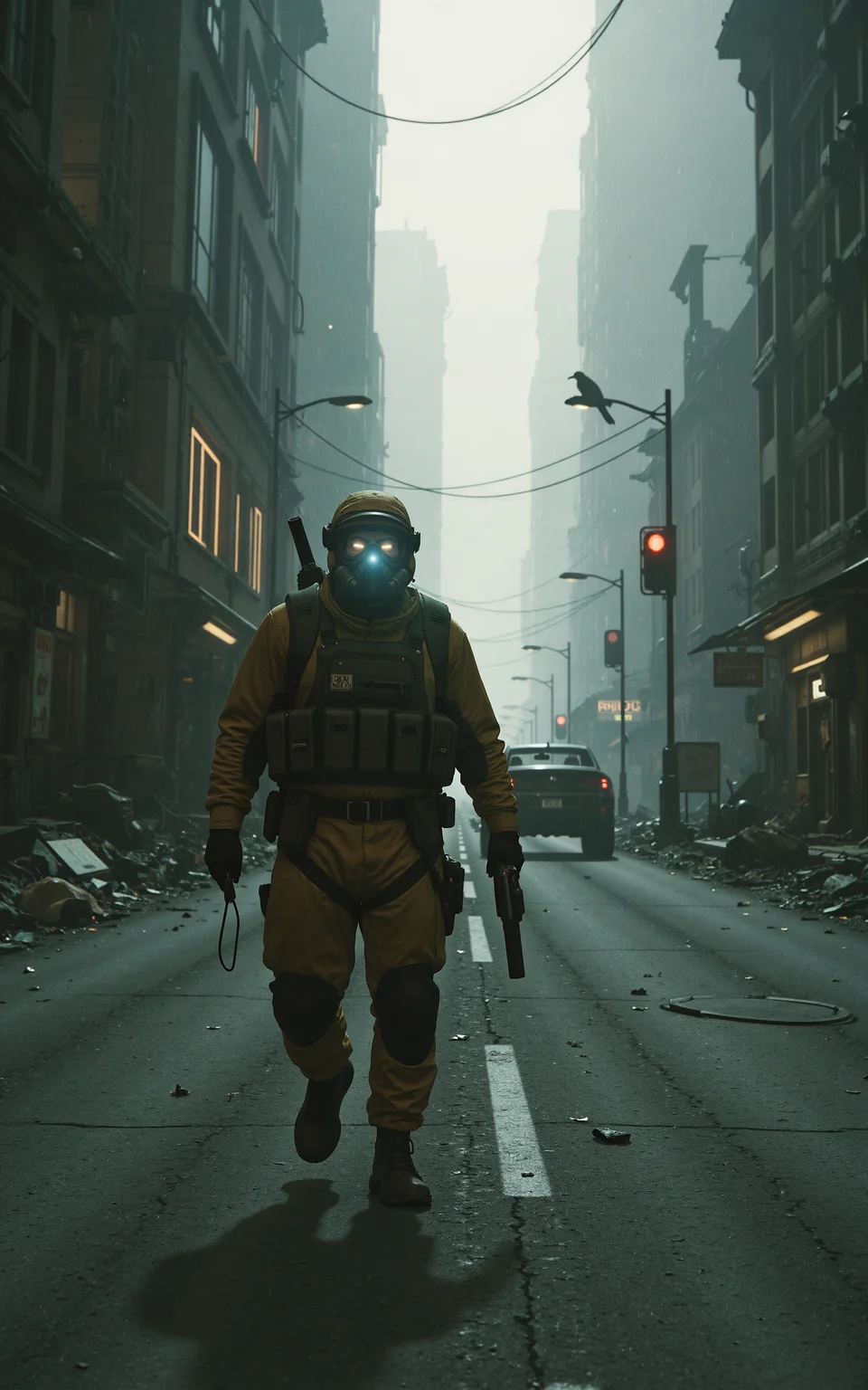 On an abandoned city street,ruins and debris are scattered everywhere. Dust drifts through the dim light,revealing that the once-thriving metropolis is now a thing of the past. Shattered storefront windows,collapsed streetlights,and cracked asphalt silently tell the story of a devastating catastrophe.A heavily armed rescue worker moves forward cautiously. He is clad in a thick biohazard suit,a tactical helmet,and a gas mask that obscures his face. In his hands,he grips a high-powered flashlight and a life detection device,meticulously scanning for any possible survivors. His movements are deliberate,and on his back,he carries a medical kit and weapons,prepared for any sudden dangers.In the distance,a rusted car still smolders,releasing thin trails of black smoke into the air. Overhead,a crow perches on a broken traffic light,letting out an ominous caw. This is a world of deathly silence,where the only sounds are the rescue workerâs breathing and the crunch of his boots against shattered rubble,breaking the suffocating stillness of this desolate place.,<lora:kcyberpunk-01:0.6>,kcyberpunk,