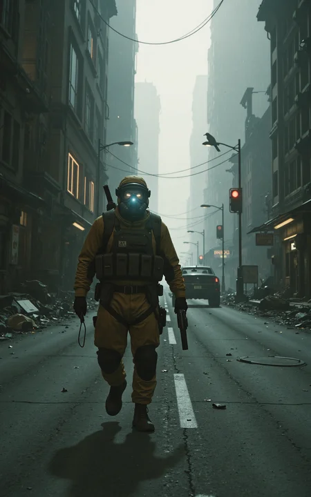 On an abandoned city street,ruins and debris are scattered everywhere. Dust drifts through the dim light,revealing that the once-thriving metropolis is now a thing of the past. Shattered storefront windows,collapsed streetlights,and cracked asphalt silently tell the story of a devastating catastrophe.A heavily armed rescue worker moves forward cautiously. He is clad in a thick biohazard suit,a tactical helmet,and a gas mask that obscures his face. In his hands,he grips a high-powered flashlight and a life detection device,meticulously scanning for any possible survivors. His movements are deliberate,and on his back,he carries a medical kit and weapons,prepared for any sudden dangers.In the distance,a rusted car still smolders,releasing thin trails of black smoke into the air. Overhead,a crow perches on a broken traffic light,letting out an ominous caw. This is a world of deathly silence,where the only sounds are the rescue workerâs breathing and the crunch of his boots against shattered rubble,breaking the suffocating stillness of this desolate place.,<lora:kcyberpunk-01:0.6>,kcyberpunk,