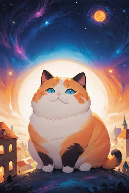 cosmic canvas, orange city background, painting of a chubby cat, <lora:Cosmic_Canvas_SDXL:1>