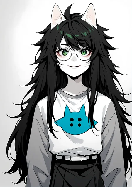 score_9, score_8_up, score_7_up, score_6_up, score_5_up, score_4_up, 2d, anime, anime artstyle, simple shadows, flat coloring, flat shadows, thick lines, white outline, jadeharleystart <lora:Jade_Harley_-_Homestuck__Variant_outfits_-_SDXL_Pony:0.9>, 1girl, solo, black hair, long hair, glasses, green eyes, smile, long sleeves, grey sleeves, shirt, skirt, white shirt, monochrome, white skin, upper body, dog ears source_anime