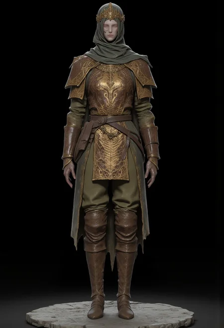 Bandit dressed in a medieval fantasy  Adventurer Set 
 wearing distinctive layered armor. The character has a sturdy leather breastplate decorated with an eye-catching dragon skin pattern in copper or bronze tones. Their outfit consists of olive green padded clothing underneath, with short pants and wrapped arm guards. A light head wrapping and simple circlet protect their head, while practical leather boots complete the outfit. The armor design suggests a blend of protection and mobility, suited for traversing rough terrain. The color palette harmonizes earthy tones - browns, greens, and copper. The overall style appears influenced by fantasy RPG character design, with a practical adventurer's aesthetic that balances form and function.
 Their face is obscured by shadows.
Standing on a flat gray ground  and black background, the camera angle is high rotated at a 45 degree angle
Set against a solid dark black color background to emphasize its unnatural form that emphasizes its silhouette. The medium is not a traditional painting or illustrative medium like watercolor or ink but rather a digital 3D rendering.
MikeFranchinastyle, bbstyle,, horror theme,, ZBClay model of a gray sculpture, zbrush, d4arks0uls, overcast lighting, jedioutfit