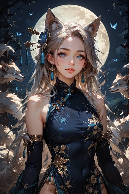 score_9, score_8_up, score_7_up, score_6_up, 1girl, kitsune girl, beautiful face, thick eyelashes, glowing white eyes, fox ears, long flowy silver hair, cute smile, dark eyeshadow, floral decoration in hair, night time, shinning moon, lit by moonlight, ambient lighting, fangs, long fluffy tail, long hair, earrings, hair pin, <lora:LOAwdl34pXL:0.7>,LOAwdl34pXL, qipao, armlet, long sleeves,<lora:sinfully_stylish_SDKL:0.5> <lora:Concept Art DarkSide Style LoRA_Pony XL v6:0.8> ,dark theme, low light, concept art, realistic, <lora:Expressive_H:0.5> Expressiveh