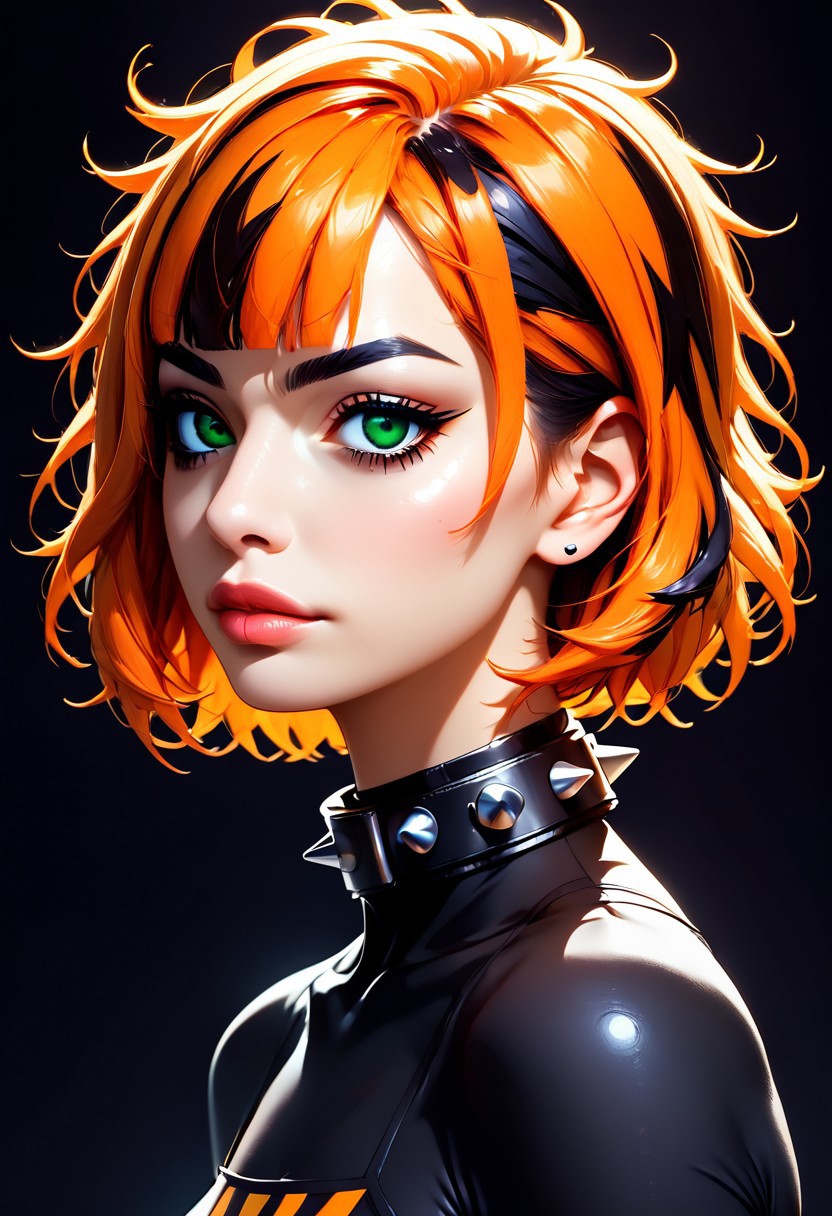 score_9, score_8_up, score_7_up, score_6_up, (masterpiece), ultra detailed, (Fei Vaughna has orange and black striped messy bob hair, green eyes), close-up, focus on face, dark background, (two tone stripes hair, black and orange hair), serene expression, from the side, Fei Vaughna is walking on a dark city street, small crop top shirt, tiny micro mini skirt, spiked thigh boots, spiked elbow gloves, spiked dog collar, full body