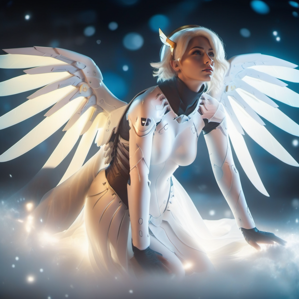 cinematic photo a realistic woman dressed in white with wings and an angel's halo , fantasy world <lora:Angel1024-000390:0.8> . 35mm photograph, film, bokeh, professional, 4k, highly detailed