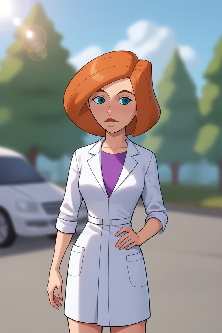 score_9, score_8_up, score_7_up, BREAK, 1girl, solo, breasts,  <lora:annpossible-guy-PONYv1:1>, annpossible, mature female, lab coat, shirt, depth of field, lens flare, outdoors, thighs,