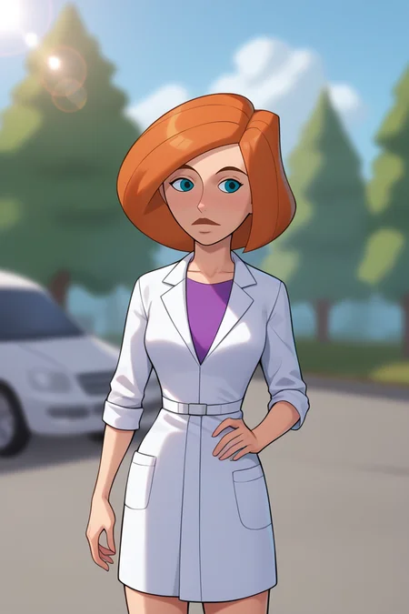 score_9, score_8_up, score_7_up, BREAK, 1girl, solo, breasts, <lora:annpossible-guy-PONYv1:1>, annpossible, mature female, lab coat, shirt, depth of field, lens flare, outdoors, thighs,