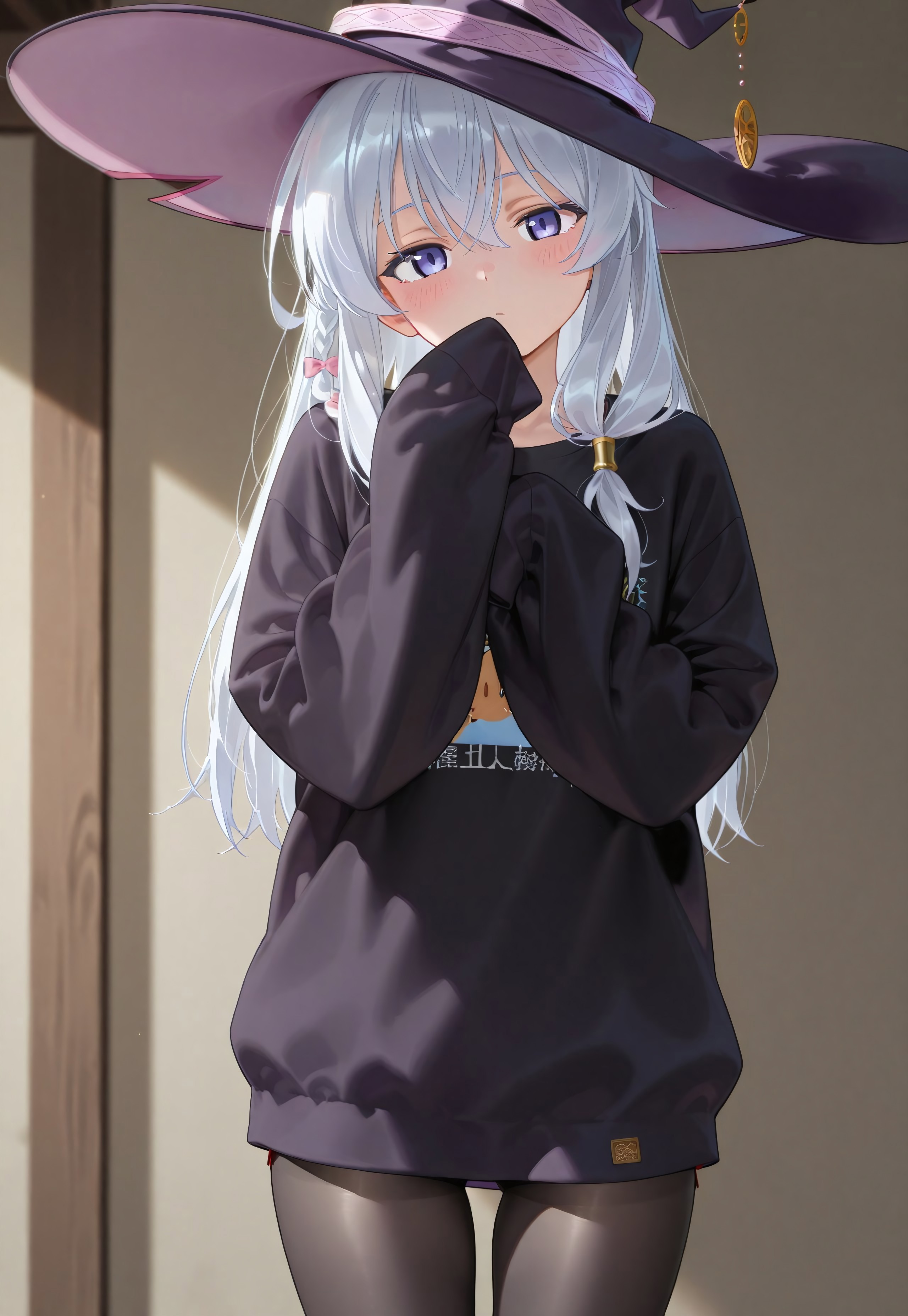 1 girl, long t-shirt, ((sleeves over hands)), thighs, hand on hat, witch hat, head tilt, blush, black pantyhose, Elaina_(Majo_no_Tabitabi)