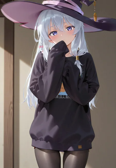 1 girl, long t-shirt, ((sleeves over hands)), thighs, hand on hat, witch hat, head tilt, blush, black pantyhose, Elaina_(Majo_no_Tabitabi)