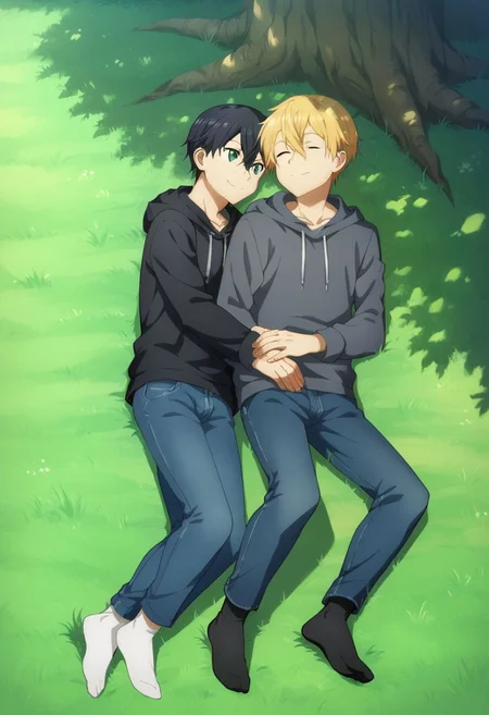 score_9, score_8_up, score_7_up, source_anime, highly detailed,
1boy, 1boy,
Kazuto Kirigaya, SAO, black hair, black eyes,
and eugeo, green eyes,blonde hair,hair between eyes, green eyes,
outdoor, tree, grass, lying down, tartan blanket, hoodie, jeans, socks, sleeping, embrace, smile, closed eyes, up view,