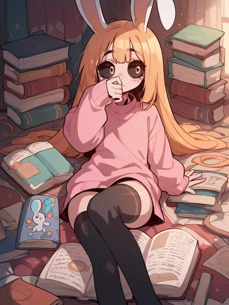 source_anime, score_9, score_8_up, score_7_up, score_6_up, score_5_up, pink sweater, open book, rabbit girl, rubbing eyes, black sclera, thighhighs, <lora:D4lm4uXLP:1> d4lm4u