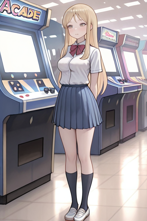 1girl,masterpiece,  arcade,
standing, full body, 
 <lora:Hidaka_ill:1> , hidaka_ill, 1girl, blonde hair, long hair, solo, school uniform, breasts, blue skirt,
 <lora:SeraFleur:1.25> , serafleur_ill,