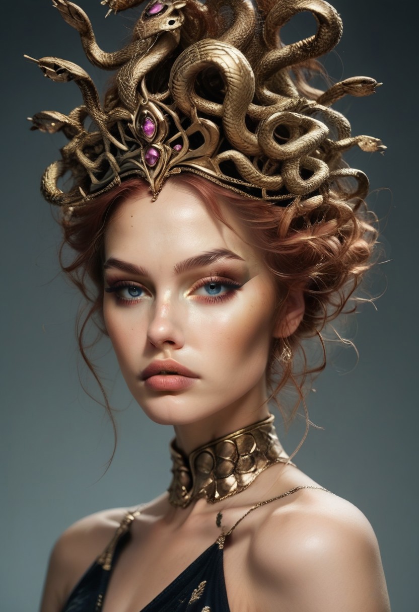 score_9, score_8_up, score_7_up, rating_safe, concept art, semi-realistic, 1girl, solo.
Young beautiful face, fit body, 
Medusa Crown