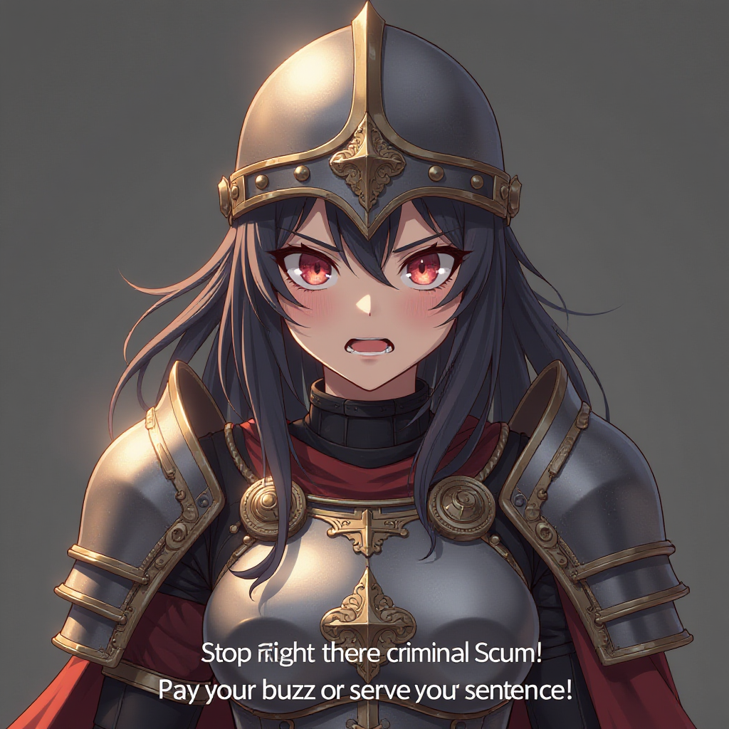 Anime girl wearing warrior armour and helmet, angry, medieval,has caption that reads:"Stop Right There Criminal Scum! Pay your buzz or serve your sentence."