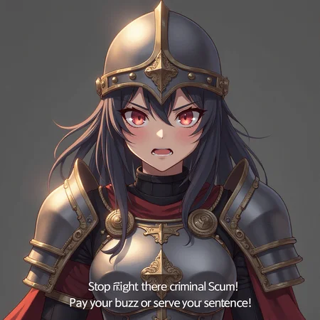 Anime girl wearing warrior armour and helmet, angry, medieval,has caption that reads:"Stop Right There Criminal Scum! Pay your buzz or serve your sentence."