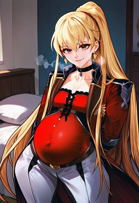 zPDXL3, score_9_up, score_8_up, score_7_up, Anime_source, 1girl, mookhyang, blonde hair, long hair, bangs, very long hair, dress, looking at viewer, collarbone, ponytail, earrings, choker, red dress, spread legs, smile,Breath, pregnant, full body, brown eyes, on bed, bedrooms,