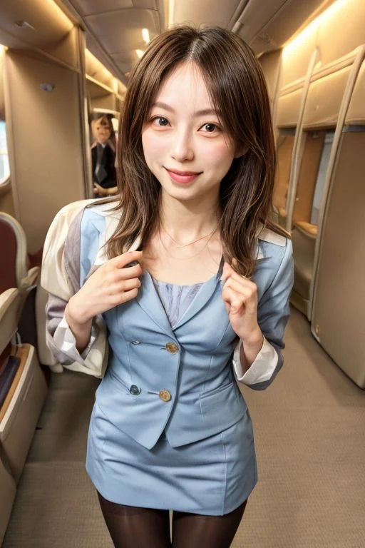 (flight attendant with pantyhose :1.4) , Full body,  dedicated nipple, Innocent, downblouse, Thin eyebrows, thin lips, pale lips, backlightvarious hair styles,  Medium hair, Small lips,(straight hair)Lateral face,  various facial expressions , detailed nasal bridge, whole body, detailed philtrumdeep Smiles lines, no makeupvarious poses, various postures, small breasts , Medium length hair, light brown hair ,  best quality, photo realistic, masterpiece, extremely detailed face, detailed nose, detailed eyes , dedicated eyes,  double eyelids, fair eyebrows, full body, whole body, side parting hair, windy, symmetrical eyes, very detailed eyes, detailed iris, fine eyebrows, long eyelashes  silky hair, perfect white teeth, watery eyes, dedicated fingers, smaller headsmile dimples, necklace, skin blemishes, perfect fingers, ear pins, small mouth, yellow Chinese skin