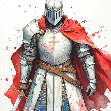 Score_9, score_8_up, score_7_up, score_6_up, <lora:WatercolorPony2_r1:1> ArsMJStyle, watercolor Knight, A watercolor painting of a knight holding a sword., weapon, sword, solo, armor, helmet, cape, gauntlets, traditional media, knight, red cape, holding, holding weapon, holding sword, breastplate, belt, ambiguous gender, full armor, shoulder armor, painting (medium), white background, intense