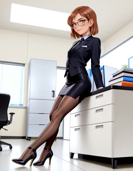 masterpiece, best quality, very aesthetic, absurdres,
indoors, office,
full body, long eyelashes, light smile,
<lora:Megan_v01_NAIXL-000012:1>,
M364n,1girl,brown hair,short hair,hairclip,glasses,brown eyes, freckles, office lady,necktie,suit,pencil skirt,brown pantyhose,high heels,