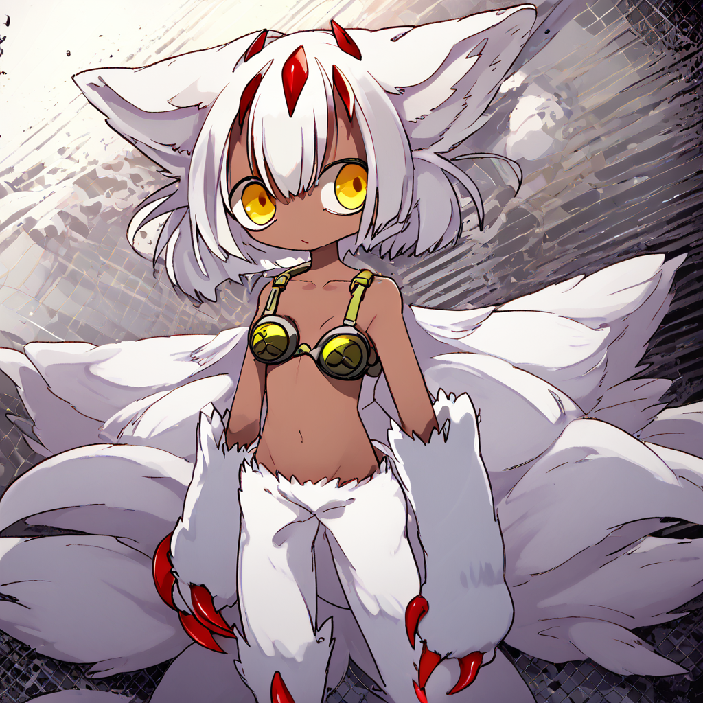 <lora:MITSUKADO:1.29>  vibrant colors, 
 <lora:Faputa_XL_Pony_Revision:0.8> Faputa, 1girl, dark skin, dark-skinned girl, white hair, short hair, extra arms, red claws, multiple tails, yellow eyes, white fur, animal ears, Metal bra