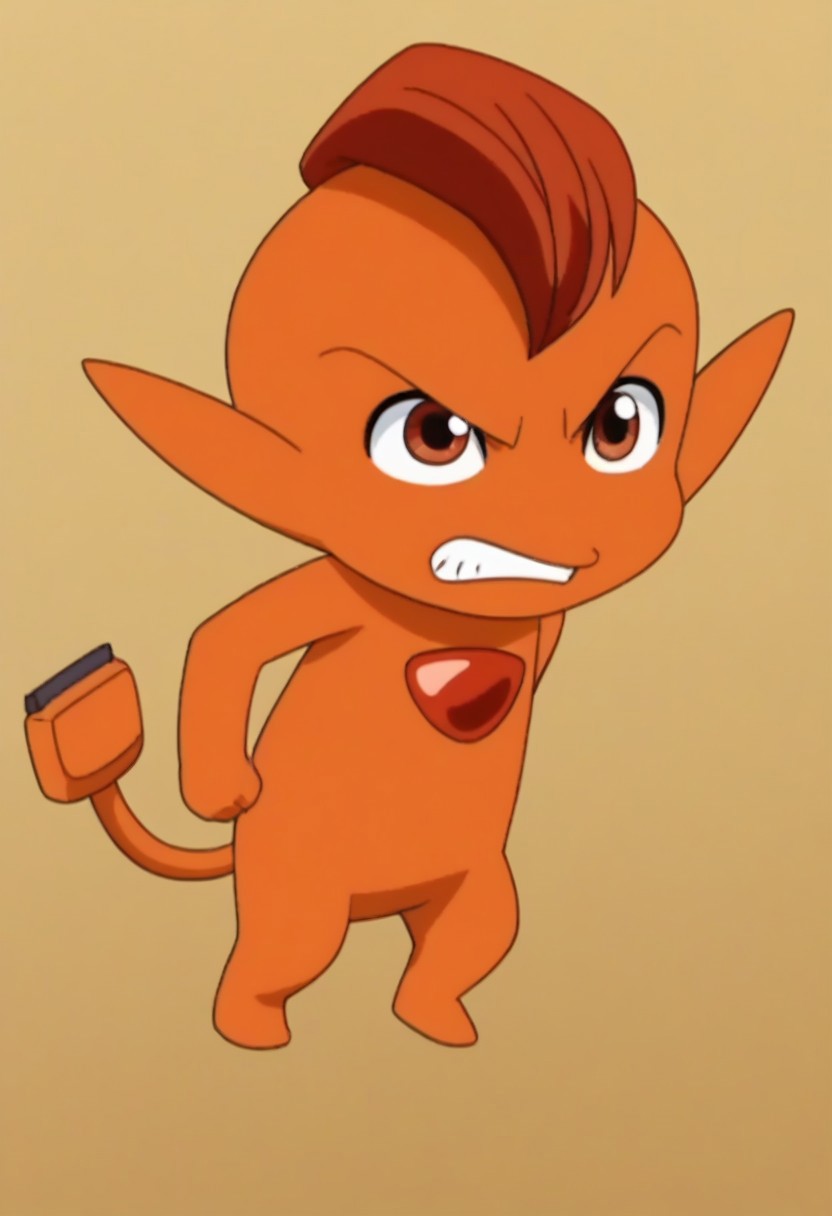 solo, no humans, pokemon(creature), brown eyes, 1boy, male focus, full body, orange skin, red eyes, tail, orange eyes, pointy ears, flame-tipped tail, red hair, frown, teeth, clenched teeth, grin, simple background, high quality