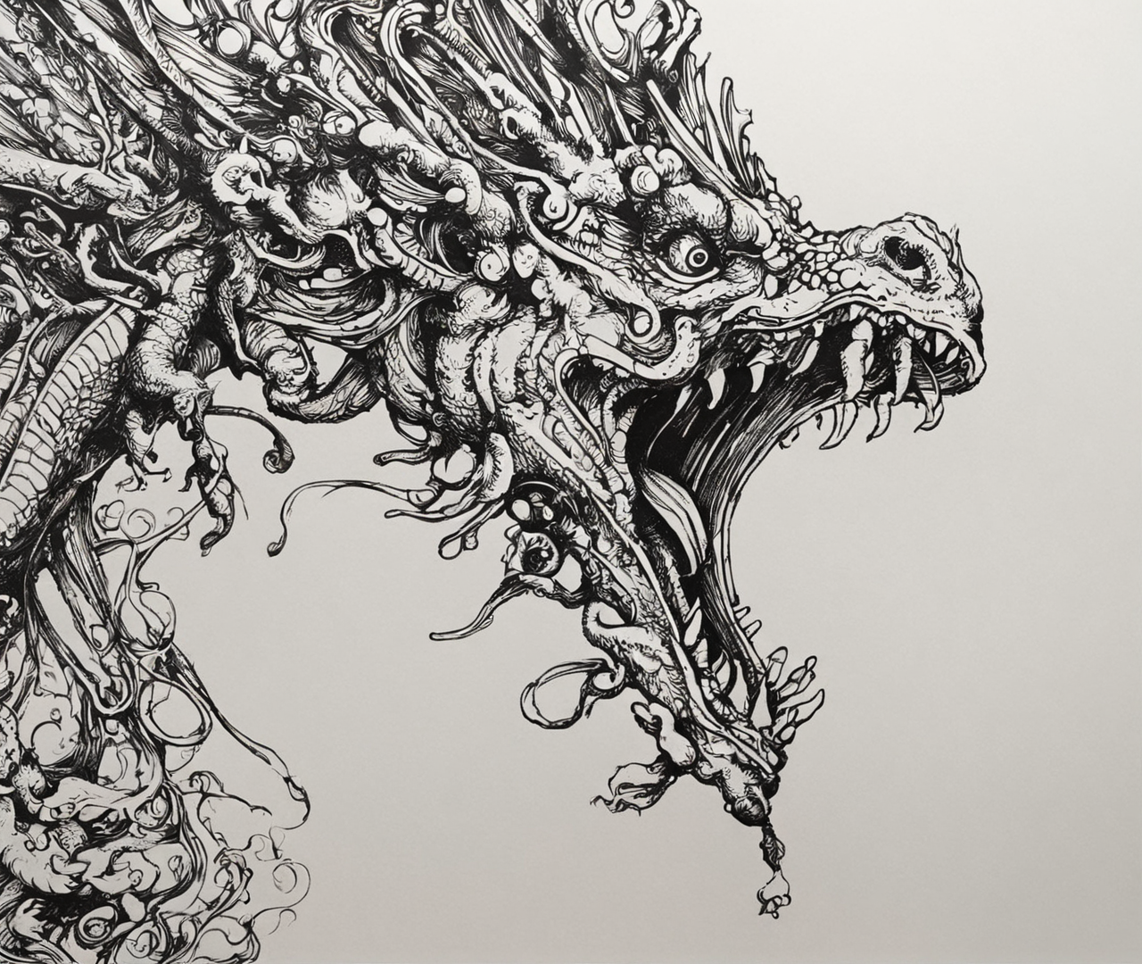 PStyl3, (dragon:1.2),  <lora:Maximalist_Drawing_BW:0.75>