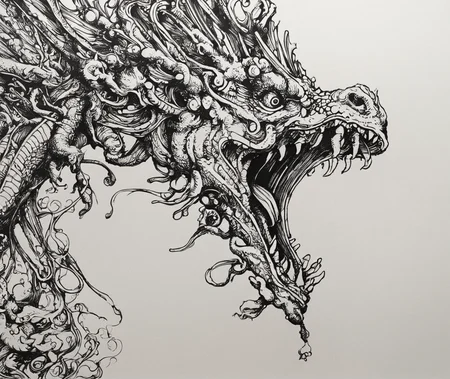 PStyl3, (dragon:1.2), <lora:Maximalist_Drawing_BW:0.75>