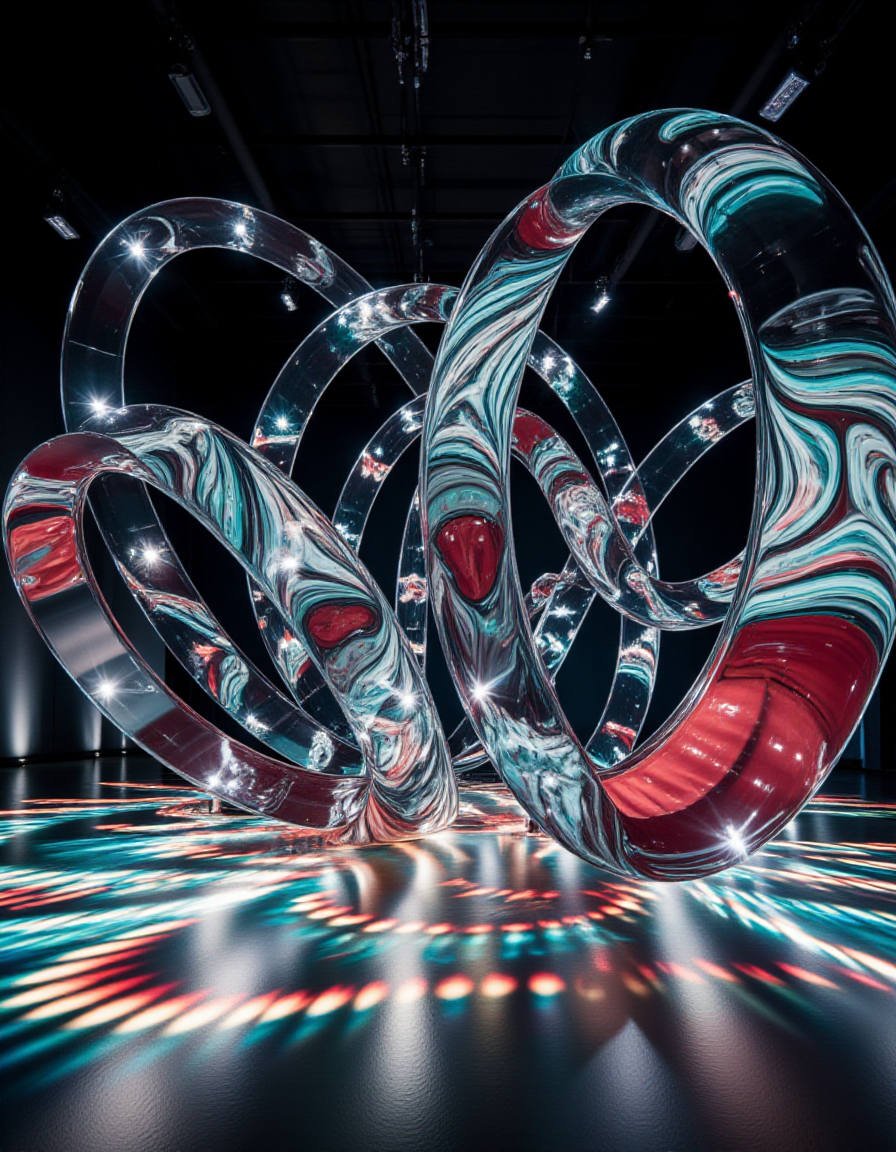 A large-scale installation of interconnected rings designed from fine-cut glass, each ring featuring sharp, precise edges. Liquid marble in vibrant shades of crimson and teal flows within, creating dynamic, swirling patterns. Illuminated by a combination of spotlights and ambient lighting, the installation casts mesmerizing reflections onto the floor and surrounding walls
<lora:ral-kntcscptr-flux:1>  <lora:Fine-Cut_Glass_Flux:1>