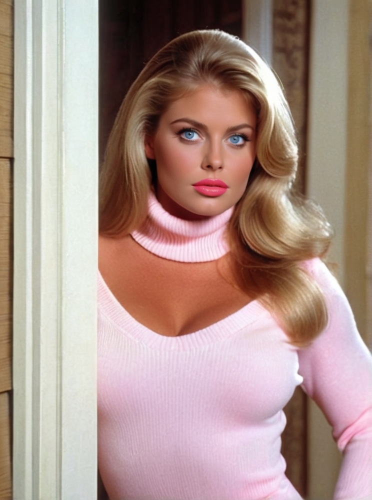 Photo of Allettante Casagrua, posing in a doorway wearing a pink fuzzy turtleneck bodysuit, <lora:PerfectEyesXL:0.5>, (beautiful, gorgeous, pretty), (best quality, photo-realistic, highly detailed, absurdres:1.3), volumetric lighting, hyper-realistic, 32k resolution, RAW,