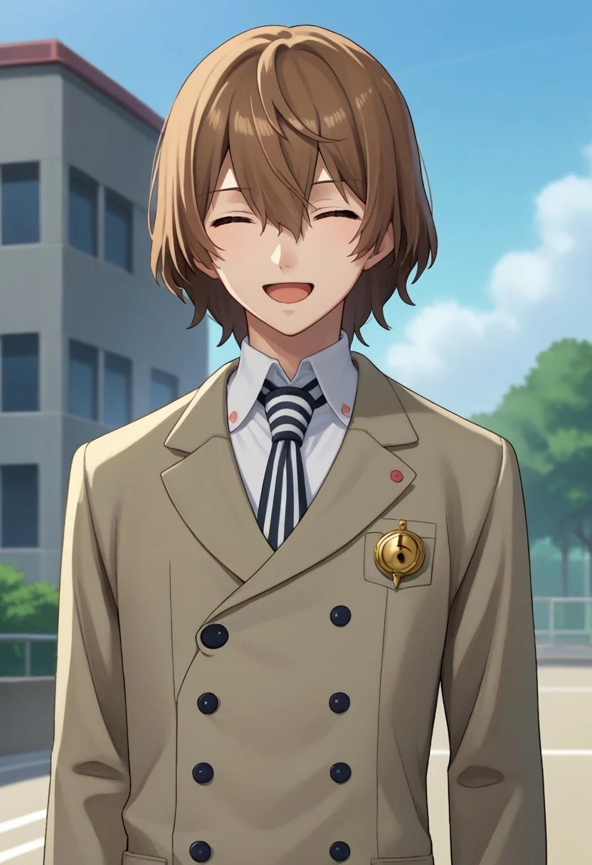 score_9, score_7_up, source_anime
goro, 1boy, male focus, solo, closed eyes, brown hair, hair between eyes, school uniform, shirt, white shirt, collared shirt, necktie, striped, striped necktie, jacket, grey jacket, buttons, long sleeves, smile, open mouth
outdoor,