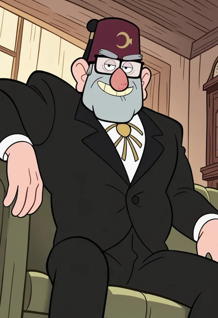 absurd res, Masterpiece, best quality, high quality, detailed, male, solo male, 1boy, StanleyPines, human, mature male, big nose, black eyes, gray hair, stubble, square jaw, square rim glasses, glasses, broad shoulders, hairy, five o’clock shadow, thick eyebrows, belly, old man, indoors, looking at viewer, sitting on couch, black suit, white shirt, bolo tie, maroon fez, eyepatch, living room, half body, hat, smile, gravity falls, friendly, angled view, dutch angle, cowboy shot