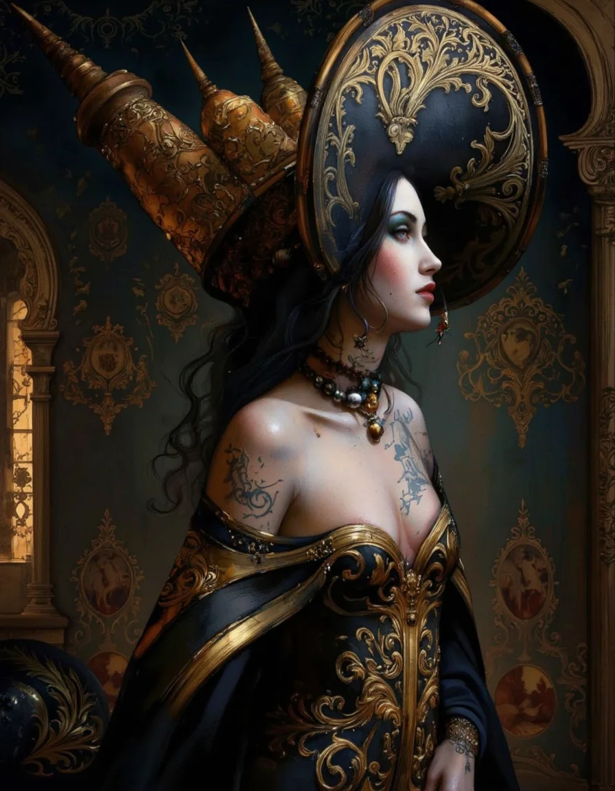 By Joshua Burbank. A digital illustration shoot from a profile camera angle about a dark fantasy character with intricate details and ornate attire. the image also shows a woman in the middle of the frame, who appears to be in her mid-twenties, with pale skin and long black hair, wearing a black and gold dress with intricate gold detailing and a large, ornate hat with a wide brim. she has a serious expression and is looking to the side, with her upper body visible. her hair is styled in a long, flowing manner, and she has intricate face tattoos on her face. her dress has a low neckline, revealing her bare shoulders, and the dress is adorned with gold accents. the background is dark, with ornate details and a soft, diffused light, creating a dramatic and mysterious atmosphere. the overall mood is dark and moody, with a focus on the intricate details of her dress and hat.