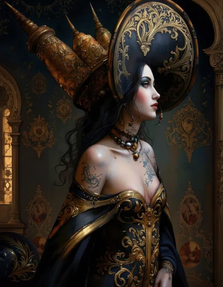 By Joshua Burbank. A digital illustration shoot from a profile camera angle about a dark fantasy character with intricate details and ornate attire. the image also shows a woman in the middle of the frame, who appears to be in her mid-twenties, with pale skin and long black hair, wearing a black and gold dress with intricate gold detailing and a large, ornate hat with a wide brim. she has a serious expression and is looking to the side, with her upper body visible. her hair is styled in a long, flowing manner, and she has intricate face tattoos on her face. her dress has a low neckline, revealing her bare shoulders, and the dress is adorned with gold accents. the background is dark, with ornate details and a soft, diffused light, creating a dramatic and mysterious atmosphere. the overall mood is dark and moody, with a focus on the intricate details of her dress and hat.