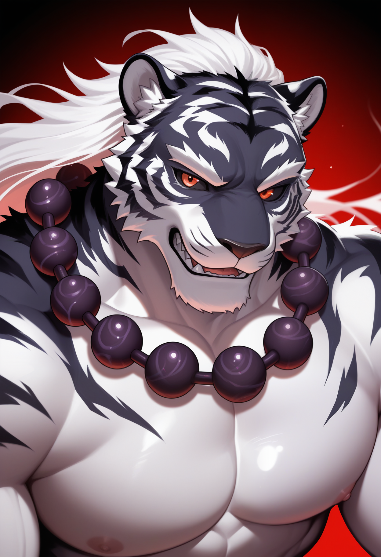 masterpiece,best quality,amazing quality, 1boy, solo, pangsp, dark bead necklace, white hair, tiger boy, red eyes, black sclera, close up, 